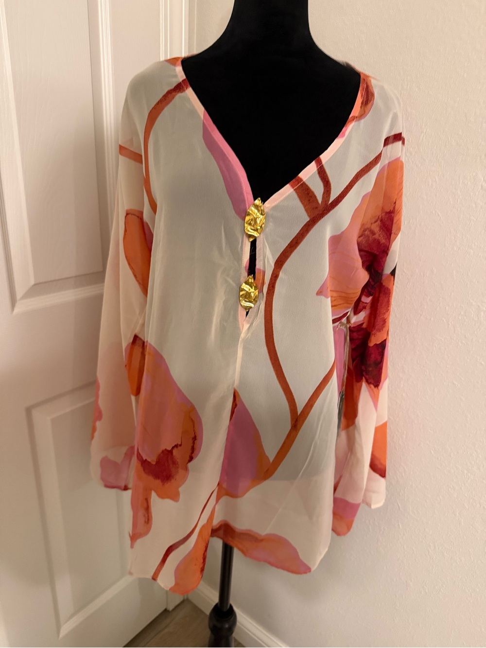 Ivory Floral V-Neck Tunic with Pink & Orange Blooms